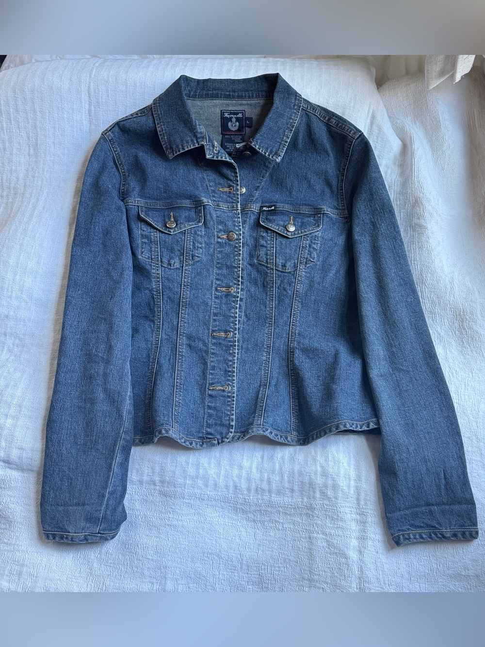 FACONNABLE Albert Goldberg Womens Denim Trucker Jacket Size Large Blue Stretch